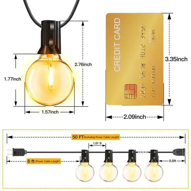Alt view image 4 of 7 - 50FT Outdoor String Lights, Waterproof Connectable Shatterproof Outside Light with 25 Edison + 2 Spare LED Bulbs Plug in, Patio Lights for Indoor Balcony Porch Camping Deck
