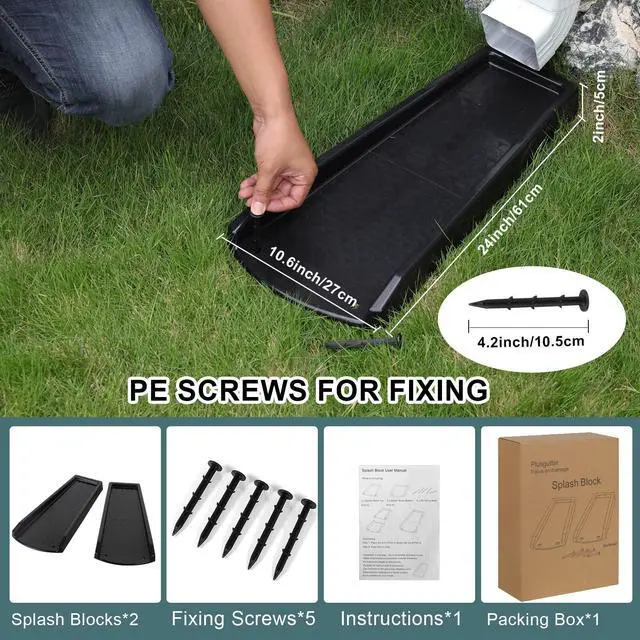Alt view image 6 of 6 - Rain Gutter Downspout Splash Block, Gutter Downspout Extensions for Water Drainage, 24" Gutter Splash Guards Downspout Extender, Fixable Down spout Drain Trays with PE Nails(2 Pack, Black)
