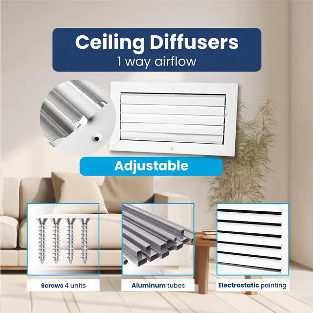 Alt view image 4 of 7 - 6x10 Duct Hole Aluminum Ceiling Vent Cover - 1-Way HVAC Register Adjustable