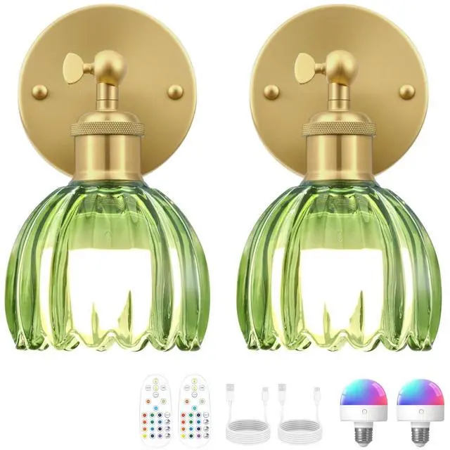 Main image of Vintage Battery Operated Wall Sconce, Green Tulip Glass Lampshade Wireless Rechargeable Battery Powered LED Wall Light with Remote Dimmable for Bedside Bedroom Doorway Living Room, Set of 2