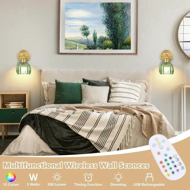 Alt view image 4 of 7 - Vintage Battery Operated Wall Sconce, Green Tulip Glass Lampshade Wireless Rechargeable Battery Powered LED Wall Light with Remote Dimmable for Bedside Bedroom Doorway Living Room, Set of 2