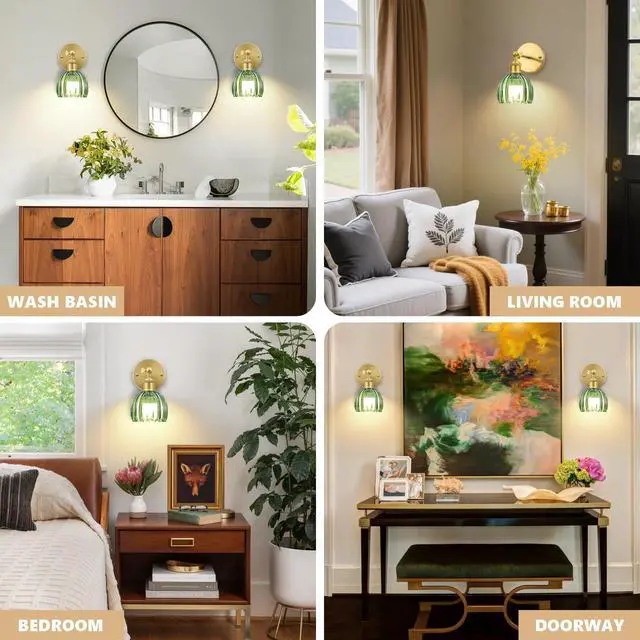 Alt view image 5 of 7 - Vintage Battery Operated Wall Sconce, Green Tulip Glass Lampshade Wireless Rechargeable Battery Powered LED Wall Light with Remote Dimmable for Bedside Bedroom Doorway Living Room, Set of 2