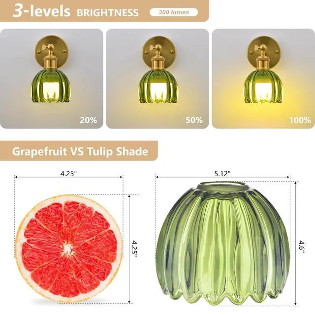 Alt view image 7 of 7 - Vintage Battery Operated Wall Sconce, Green Tulip Glass Lampshade Wireless Rechargeable Battery Powered LED Wall Light with Remote Dimmable for Bedside Bedroom Doorway Living Room, Set of 2