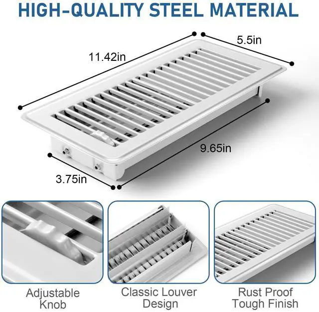 Alt view image 5 of 7 - 4x10 Floor Registers, 6 Pack White Floor Vent Covers | Heavy Duty Steel Walkable Floor Vents, No Plastic, Adjustable Airflow, Rust Proof Finish,Curved Safe Edges for Home Floor