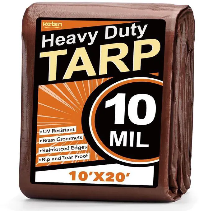 Main image of Tarps Heavy Duty Waterproof 10x20 Feet, Extra Thick 10 Mil (Brown) | Tear & Fade Resistant, UV Blocking, Outdoor Tarp with Reinforced Grommets for Roof, Camping, Patio, Pool, Boat