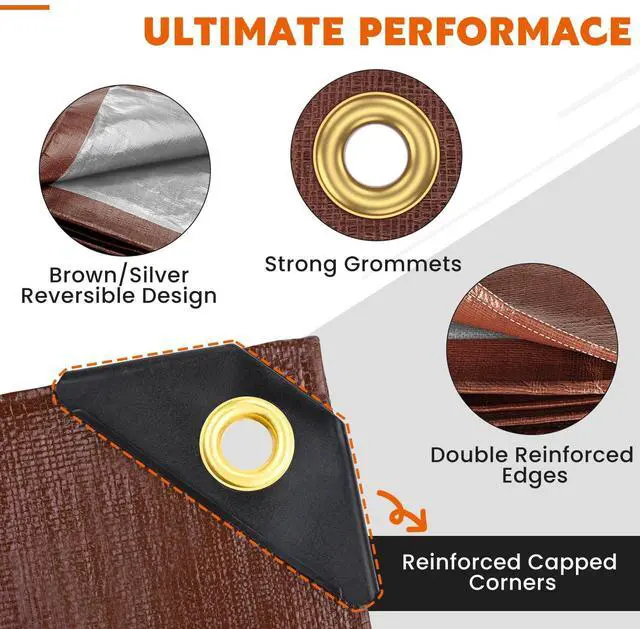 Alt view image 2 of 7 - Tarps Heavy Duty Waterproof 10x20 Feet, Extra Thick 10 Mil (Brown) | Tear & Fade Resistant, UV Blocking, Outdoor Tarp with Reinforced Grommets for Roof, Camping, Patio, Pool, Boat