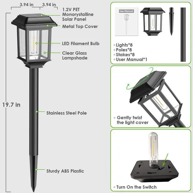 Alt view image 7 of 7 - Solar Outdoor Lights Waterproof, 8 Pack Metal Glass Solar Pathway Lights Outdoor Lighting Garden Decor for Landscape Path Yard Patio Driveway (Warm White)