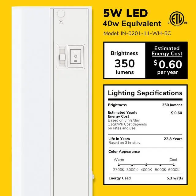 Alt view image 2 of 7 - 12-Inch Hardwired Only LED Under Cabinet Light, 3-CCT Selectable | Choose from 3000K, 4000K, or 5000K. Dimmable with a matte white finish. ETL Listed. Model: IN-0201-11-WH-345K