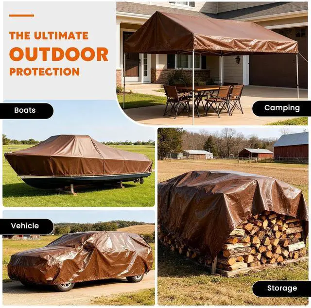 Alt view image 6 of 7 - Tarps Heavy Duty Waterproof 10x20 Feet, Extra Thick 10 Mil (Brown) | Tear & Fade Resistant, UV Blocking, Outdoor Tarp with Reinforced Grommets for Roof, Camping, Patio, Pool, Boat