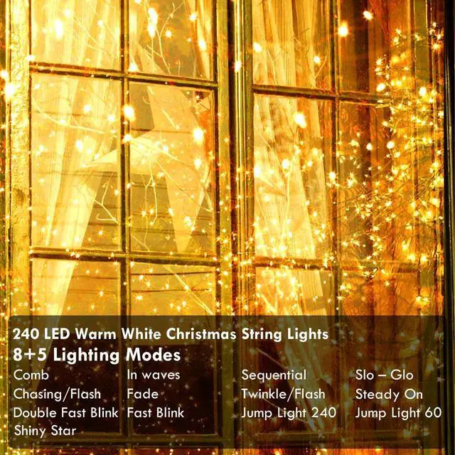 Alt view image 4 of 7 - Connectable 240LED 88Ft String Lights, Classroom Lights Indoor Outdoor | Clear Wire Twinkle Fairy Lights Plug in, 13 Modes, Timer, Waterproof Christmas Trees Lights for Bedroom, Patio Warm White