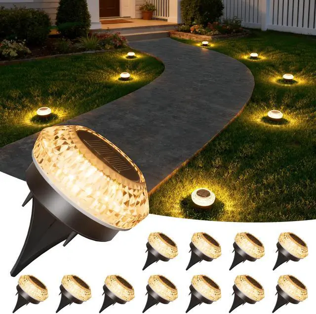 Main image of Solar Ground Lights Outdoor,12 Pack Flat Solar Pathway Lights | IP67 Waterproof Solar Powered Disc Lights,Landscape Lighting for Garden Yard Walkway Patio Driveway,Warm White