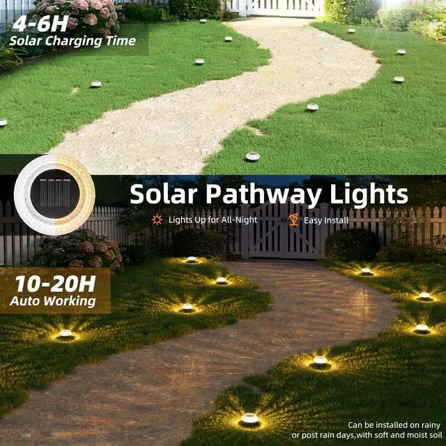 Alt view image 3 of 7 - Solar Ground Lights Outdoor,12 Pack Flat Solar Pathway Lights | IP67 Waterproof Solar Powered Disc Lights,Landscape Lighting for Garden Yard Walkway Patio Driveway,Warm White