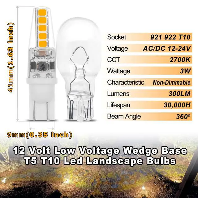 Alt view image 5 of 6 - 12 Volt Low Voltage Wedge Base Led Landscape Bulbs T5 T10 | Malibu Path Garden Light Bulbs,921 922 912 194 168 RV Camper Trailer Motorhome Marine Boat Light,2700K Warm White,10 Pack