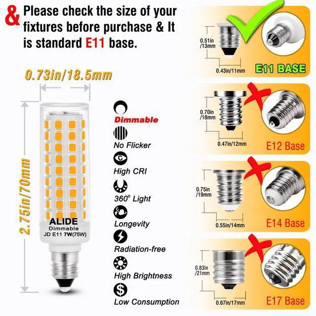 Alt view image 5 of 6 - E11 Led Bulbs,JDE11 120V 75W Candelabra Bulbs Equiva Dimmable 2700k | Warm White T3 T4 Mini Base JD E11 Bulb,7W 750lm for Chandeliers,Candelabra,Ceiling Fan, Table Cabinet Lighting,4Pack