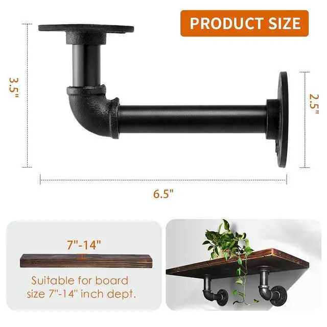 Alt view image 2 of 7 - Industrial Pipe Shelf Brackets for 8 10 12 14 inches Board, Iron L Pipe Floating Shelves, Heavy Duty Metal Shelving Brackets - 6 Pack Black