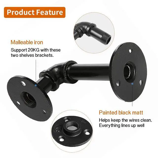 Alt view image 3 of 7 - Industrial Pipe Shelf Brackets for 8 10 12 14 inches Board, Iron L Pipe Floating Shelves, Heavy Duty Metal Shelving Brackets - 6 Pack Black