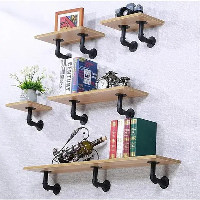 Alt view image 5 of 7 - Industrial Pipe Shelf Brackets for 8 10 12 14 inches Board, Iron L Pipe Floating Shelves, Heavy Duty Metal Shelving Brackets - 6 Pack Black