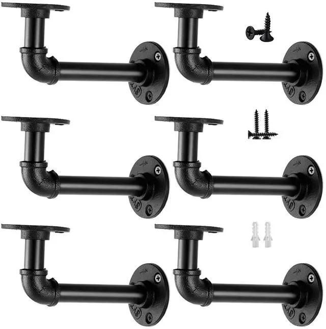 Main image of Industrial Pipe Shelf Brackets for 8 10 12 14 inches Board, Iron L Pipe Floating Shelves, Heavy Duty Metal Shelving Brackets - 6 Pack Black
