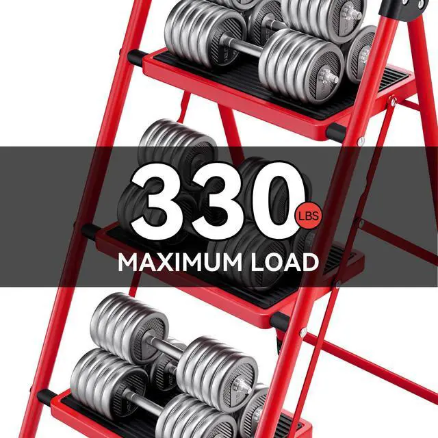 Alt view image 2 of 6 - 3 Step Ladder, Folding Step Stool with Anti-Slip Wide Pedal | Lightweight Stepladder with Handrails, Portable for Kitchen, Household, Red