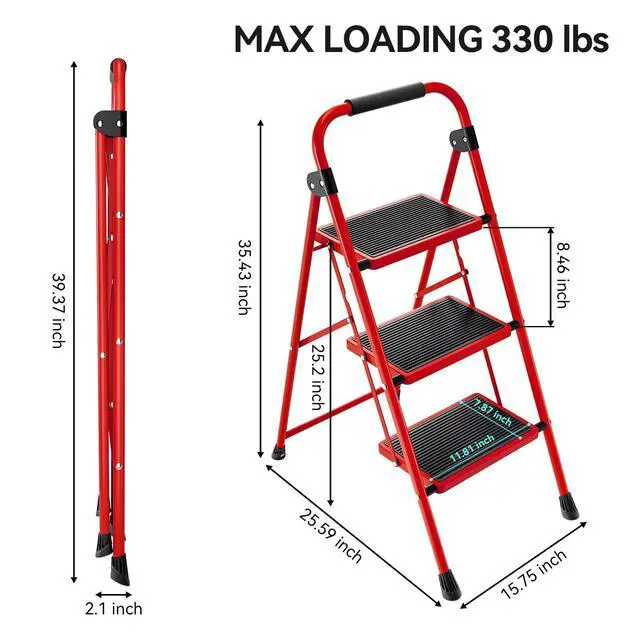 Alt view image 4 of 6 - 3 Step Ladder, Folding Step Stool with Anti-Slip Wide Pedal | Lightweight Stepladder with Handrails, Portable for Kitchen, Household, Red