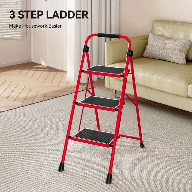 Alt view image 3 of 6 - 3 Step Ladder, Folding Step Stool with Anti-Slip Wide Pedal | Lightweight Stepladder with Handrails, Portable for Kitchen, Household, Red