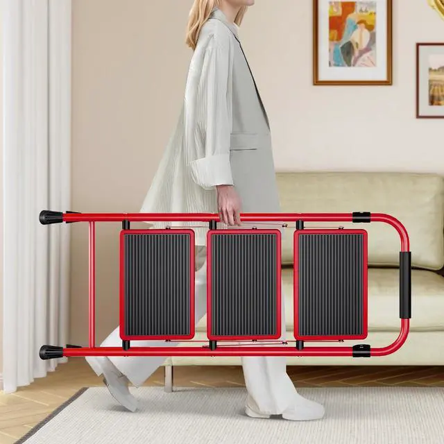 Alt view image 5 of 6 - 3 Step Ladder, Folding Step Stool with Anti-Slip Wide Pedal | Lightweight Stepladder with Handrails, Portable for Kitchen, Household, Red