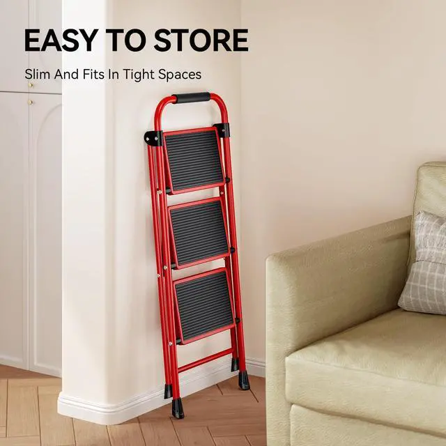 Alt view image 6 of 6 - 3 Step Ladder, Folding Step Stool with Anti-Slip Wide Pedal | Lightweight Stepladder with Handrails, Portable for Kitchen, Household, Red