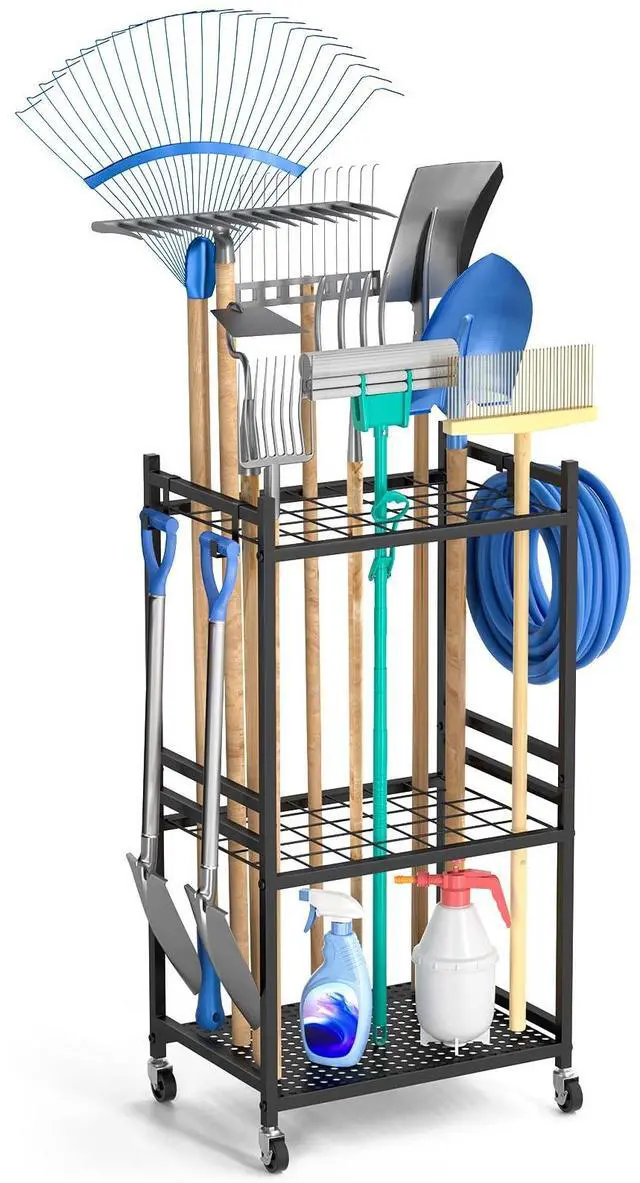 Main image of Garden Organizer With Wheels, Yard Tower Rack for Garage Storage, Up to 35 Long-Handled Tools, Sturdy Metal Steel Holder With 3 Hooks, Outdoor, Black