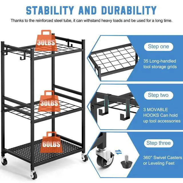 Alt view image 2 of 7 - Garden Organizer With Wheels, Yard Tower Rack for Garage Storage, Up to 35 Long-Handled Tools, Sturdy Metal Steel Holder With 3 Hooks, Outdoor, Black