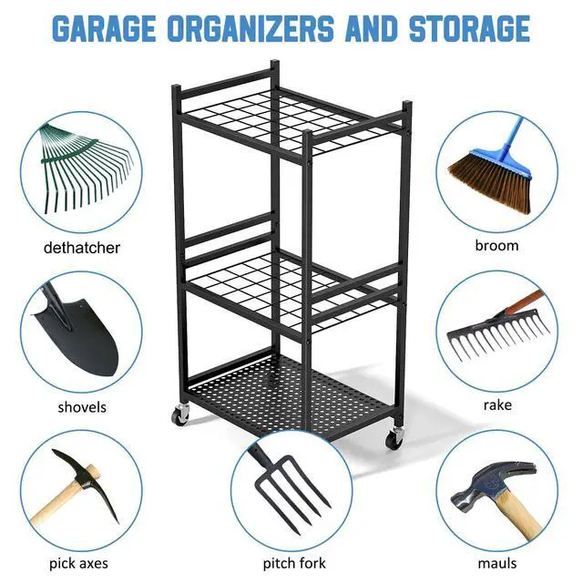 Alt view image 5 of 7 - Garden Organizer With Wheels, Yard Tower Rack for Garage Storage, Up to 35 Long-Handled Tools, Sturdy Metal Steel Holder With 3 Hooks, Outdoor, Black