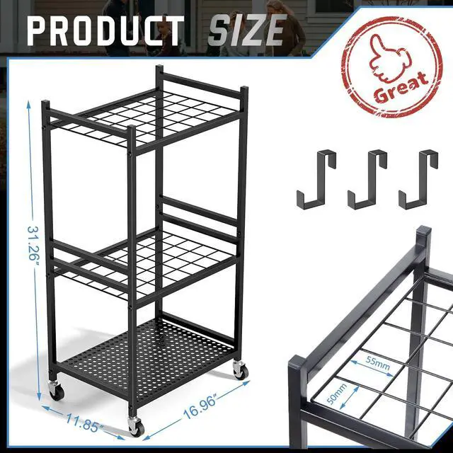 Alt view image 6 of 7 - Garden Organizer With Wheels, Yard Tower Rack for Garage Storage, Up to 35 Long-Handled Tools, Sturdy Metal Steel Holder With 3 Hooks, Outdoor, Black