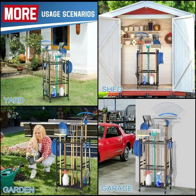 Alt view image 7 of 7 - Garden Organizer With Wheels, Yard Tower Rack for Garage Storage, Up to 35 Long-Handled Tools, Sturdy Metal Steel Holder With 3 Hooks, Outdoor, Black