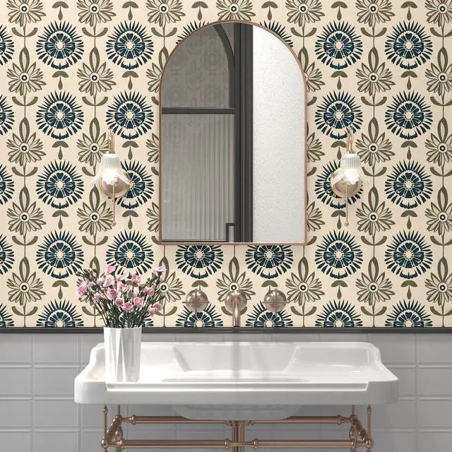 Alt view image 2 of 6 - Boho Floral Peel and Stick Wallpaper Beige Blue 17.5 x 393.5In | Extra Long Symmetry Contact Paper Modern Wall Paper for Bedroom Accent Walls Laundry Nursery Pantry Renter Friendly Removable