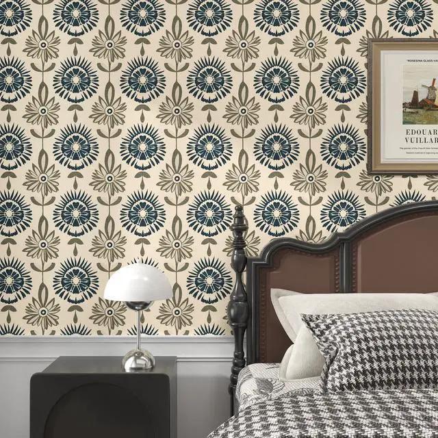 Alt view image 4 of 6 - Boho Floral Peel and Stick Wallpaper Beige Blue 17.5 x 393.5In | Extra Long Symmetry Contact Paper Modern Wall Paper for Bedroom Accent Walls Laundry Nursery Pantry Renter Friendly Removable