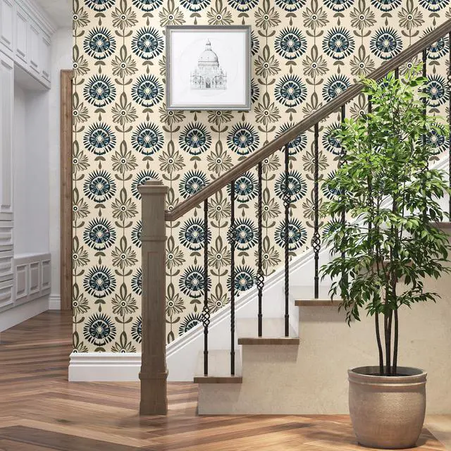 Alt view image 3 of 6 - Boho Floral Peel and Stick Wallpaper Beige Blue 17.5 x 393.5In | Extra Long Symmetry Contact Paper Modern Wall Paper for Bedroom Accent Walls Laundry Nursery Pantry Renter Friendly Removable
