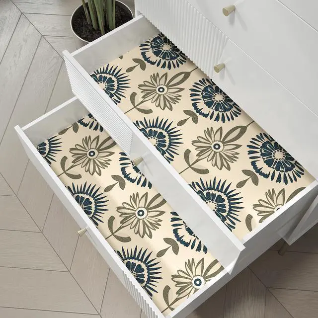 Alt view image 5 of 6 - Boho Floral Peel and Stick Wallpaper Beige Blue 17.5 x 393.5In | Extra Long Symmetry Contact Paper Modern Wall Paper for Bedroom Accent Walls Laundry Nursery Pantry Renter Friendly Removable