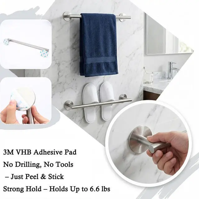 Alt view image 3 of 7 - Self Adhesive Towel Bar,16" Brushed Nickel No Drill Bathroom,304SS Towel Rack