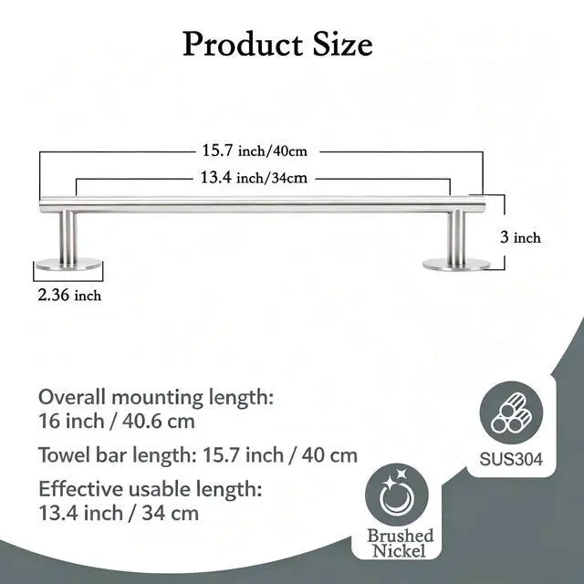 Alt view image 4 of 7 - Self Adhesive Towel Bar,16" Brushed Nickel No Drill Bathroom,304SS Towel Rack