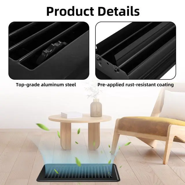 Alt view image 3 of 6 - 4 x 10 Floor Register, Black Floor Vent Covers for Home Floor, Adjustable Air Vent Covers Home Sidewall Vent Office or Ceiling Vent - Heavy Duty Steel Walkable Floor Vents - 3 Pack