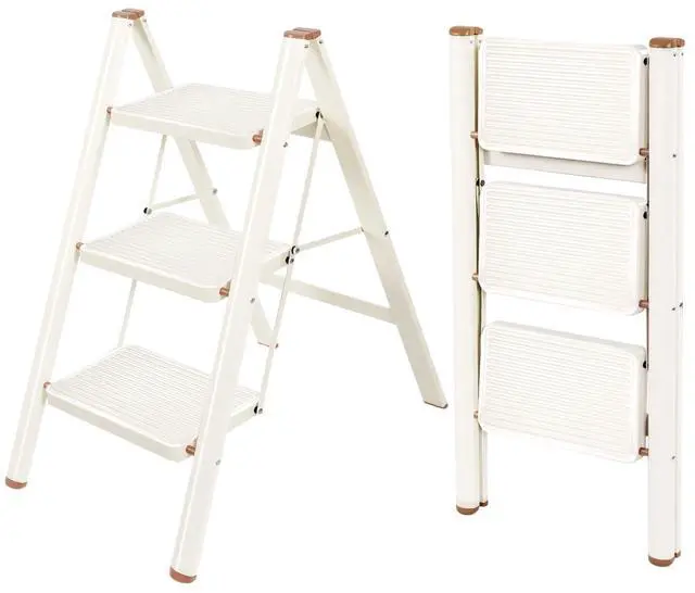Main image of 3 Step Ladder,Lightweight Folding Step Stool with Wide Anti-Slip Pedal, 330LBS Capacity, Heavy Duty,Sturdy Iron Metal Step Stool for Home, Kitchen, Closet, Adults, Cream White