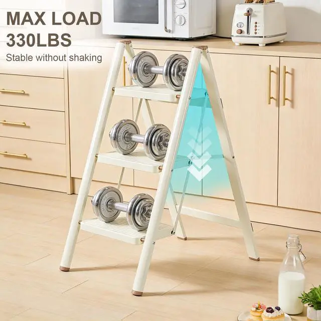 Alt view image 2 of 7 - 3 Step Ladder,Lightweight Folding Step Stool with Wide Anti-Slip Pedal, 330LBS Capacity, Heavy Duty,Sturdy Iron Metal Step Stool for Home, Kitchen, Closet, Adults, Cream White