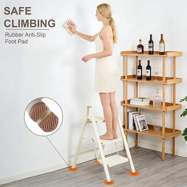 Alt view image 3 of 7 - 3 Step Ladder,Lightweight Folding Step Stool with Wide Anti-Slip Pedal, 330LBS Capacity, Heavy Duty,Sturdy Iron Metal Step Stool for Home, Kitchen, Closet, Adults, Cream White