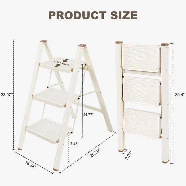 Alt view image 4 of 7 - 3 Step Ladder,Lightweight Folding Step Stool with Wide Anti-Slip Pedal, 330LBS Capacity, Heavy Duty,Sturdy Iron Metal Step Stool for Home, Kitchen, Closet, Adults, Cream White