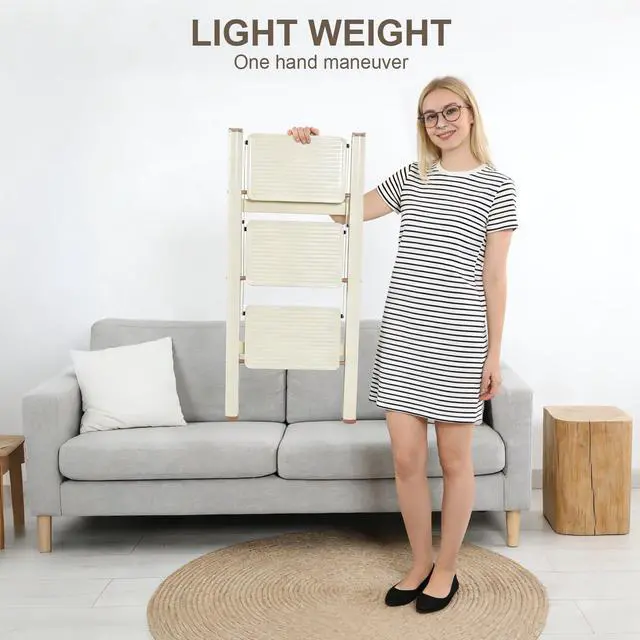 Alt view image 6 of 7 - 3 Step Ladder,Lightweight Folding Step Stool with Wide Anti-Slip Pedal, 330LBS Capacity, Heavy Duty,Sturdy Iron Metal Step Stool for Home, Kitchen, Closet, Adults, Cream White