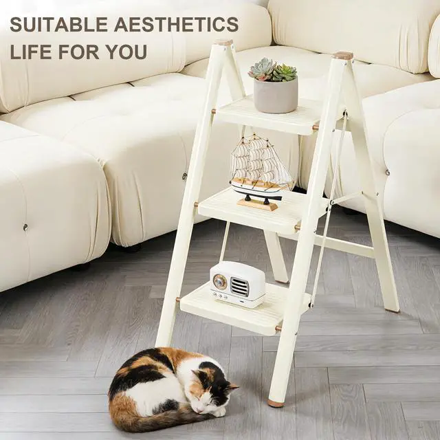 Alt view image 7 of 7 - 3 Step Ladder,Lightweight Folding Step Stool with Wide Anti-Slip Pedal, 330LBS Capacity, Heavy Duty,Sturdy Iron Metal Step Stool for Home, Kitchen, Closet, Adults, Cream White