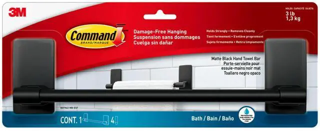 Main image of Hand Towel Bar Matte Black with Water Resistant Strips, Bathroom Decor, 9 in Bar Length Holds up to 3 lbs
