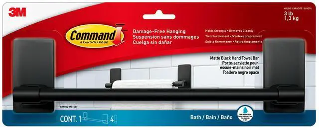 Alt view image 2 of 7 - Hand Towel Bar Matte Black with Water Resistant Strips, Bathroom Decor, 9 in Bar Length Holds up to 3 lbs