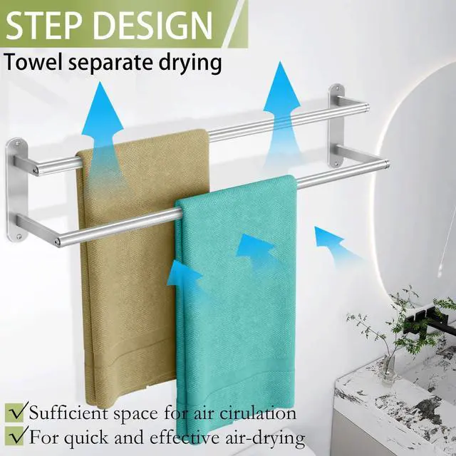 Alt view image 3 of 7 - Towel Rack for Bathroom, Double Towel Bar 24Inch, Stainless Steel Bathroom Towel Holder, Double Towel Hanger Wall Mounted Towel Rod, Bathroom Towel Rack(Brushed Nickel)