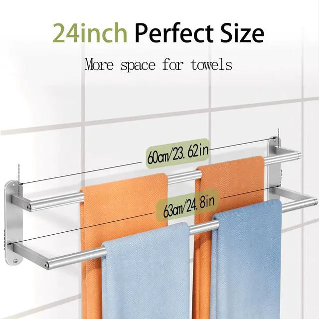 Alt view image 4 of 7 - Towel Rack for Bathroom, Double Towel Bar 24Inch, Stainless Steel Bathroom Towel Holder, Double Towel Hanger Wall Mounted Towel Rod, Bathroom Towel Rack(Brushed Nickel)