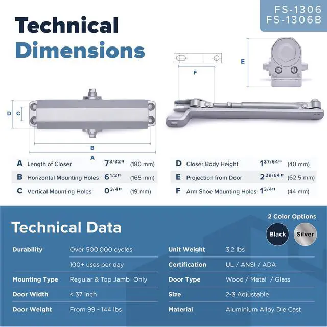 Alt view image 7 of 7 - Automatic Door Closer (Silver), FS-1306 Residential Hydraulic Auto Door Closer, Grade 3 Self Closing Spring Hinge, UL Listed & ADA Soft Closers No Slam, for Home & Interior Garage Doors Closure